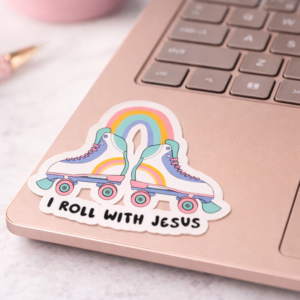 I ROLL WITH JESUS SKATES STICKER