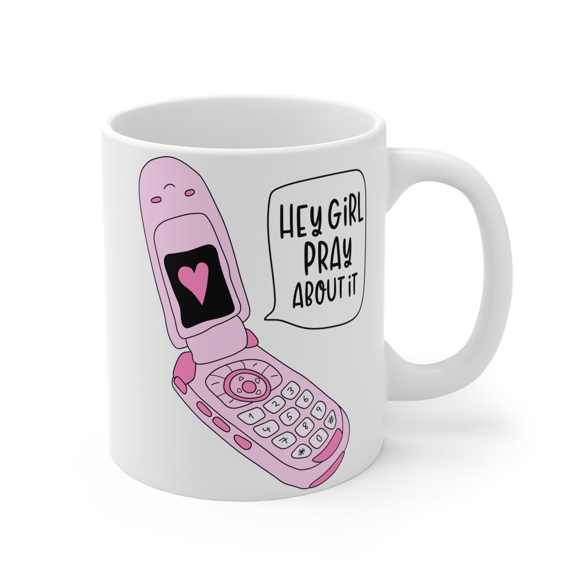 Mug with a pink flip phone illustration and text on a white background